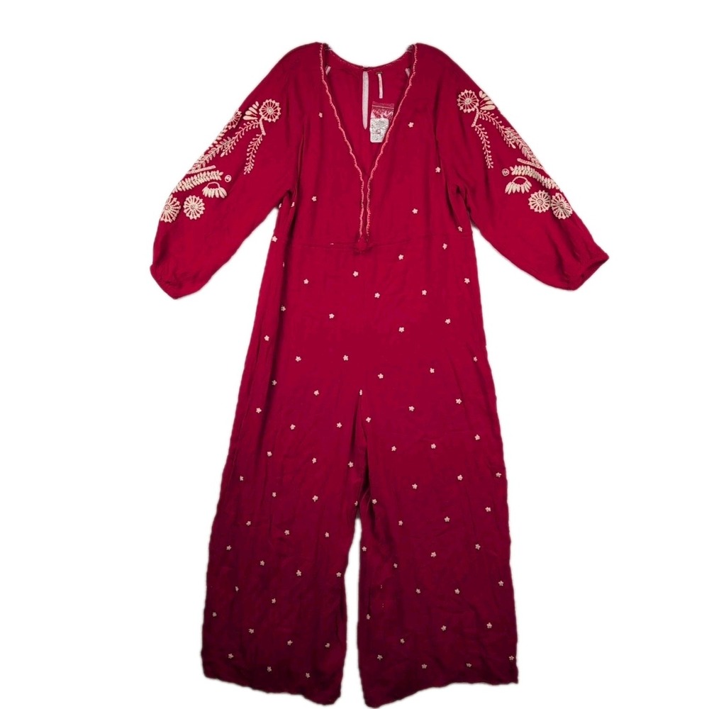 NWT Free People Romper Women's Large Jumpsuit Embroidered Boho Wide Leg Red